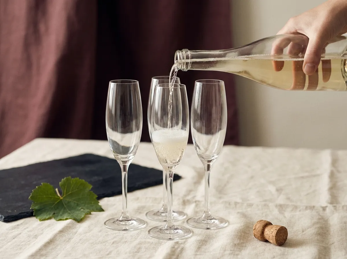 Musserende vin skjenkes i en rekke glass på en linduk
