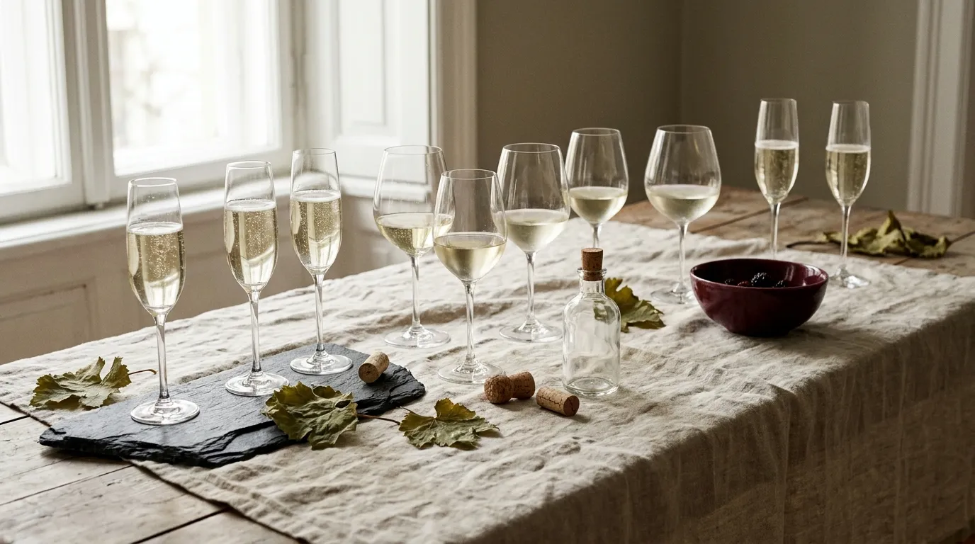 Glass med musserende og hvitvin satt opp til en vinsmaking, med skifer og vinblader på en linduk